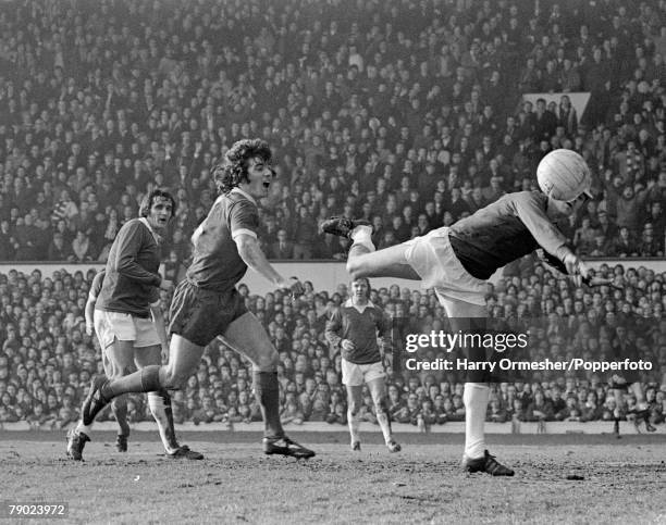 Everton goalkeeper Dai Davies saving an attempt at goal by Kevin Keegan of Liverpool during a Football League Division One match at Anfield on...