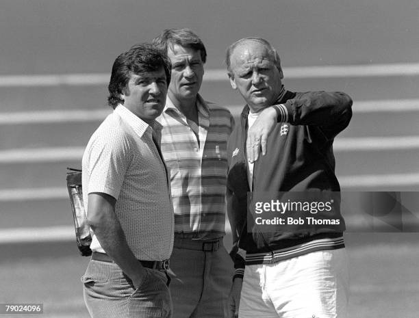 Football, 1982 World Cup Finals, Madrid, Spain, England manager Ron Greenwood with Bobby Robson and Terry Venables in Madrid