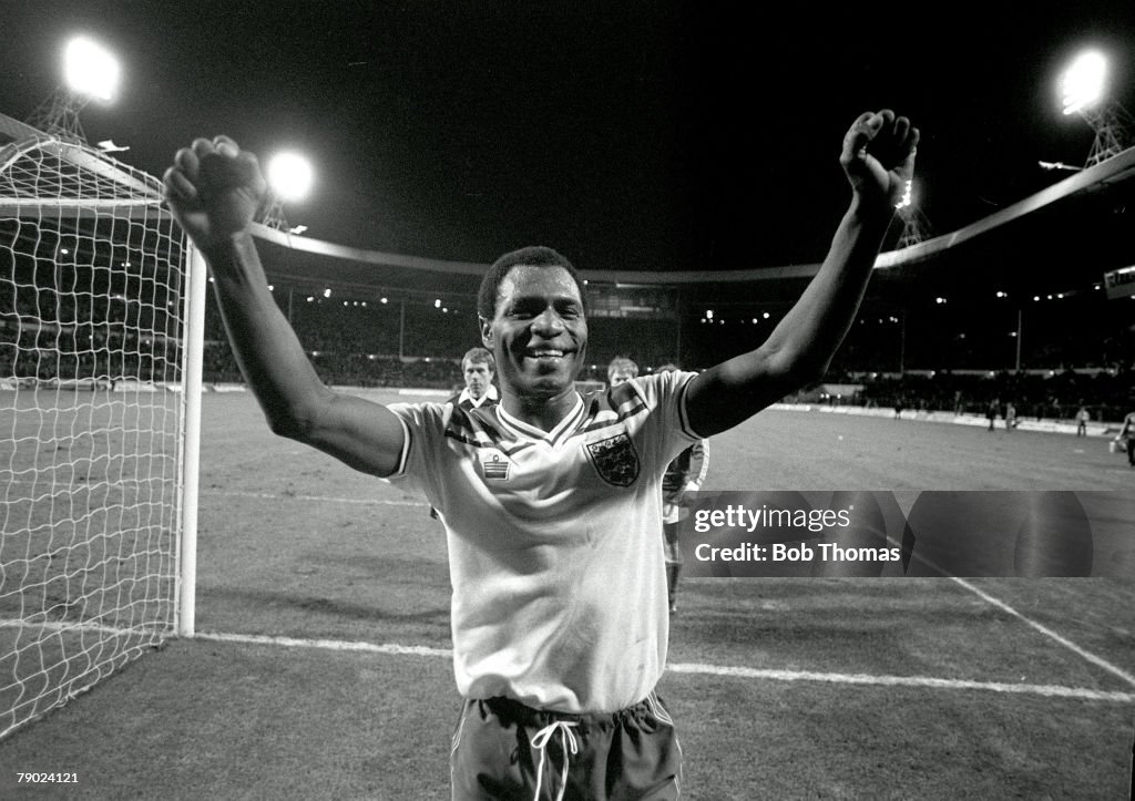 Football. 1984 European Championships Qualifier. Wembley. 15th December 1982. England 9 v Luxembourg 0. England's Luther Blissett celebrates as he leaves the field at the end of the match in which he scored a hat-trick.
