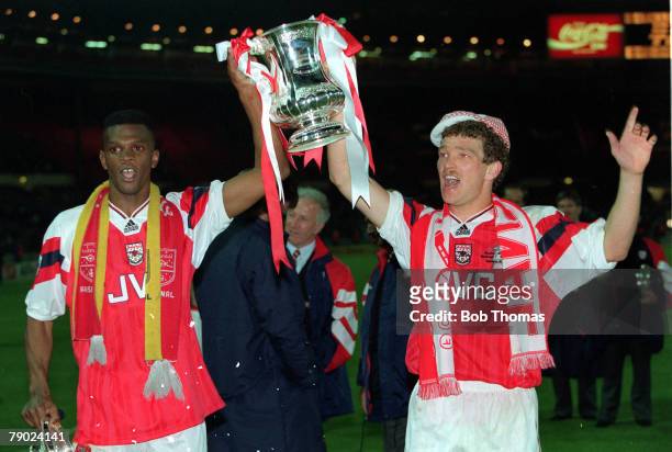 Football, 1993 FA Cup Final Replay, Wembley, 20th May Arsenal 2 v Sheffield Wednesday 1, Arsenal's Paul Davis and John Jensen celebrate with the...