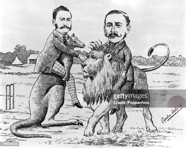 Sport, Cricket An illustration from "The Portonian" featuring Lord Harris meeting Mr JE Gooden on the South Australian Oval during England's tour of...