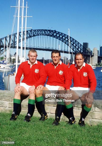 Sport, Rugby Union International, British Lions Tour of Australia, July 1989, England's policemen: Dean Richards, Wade Dooley and Paul Ackford pose...