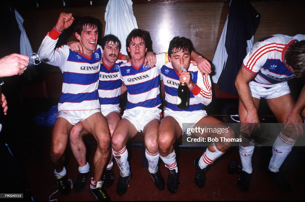 Sport. Football. Milk Cup Semi-Final. Anfield, England. 5th March 1986. Liverpool 2 v Queens Park Rangers 2 (QPR win 3-2 on aggregate). QPR's L-R: Martin Allen, Robbie James, Terry Fenwick, and Michael Robinson celebrate getting to the Final.