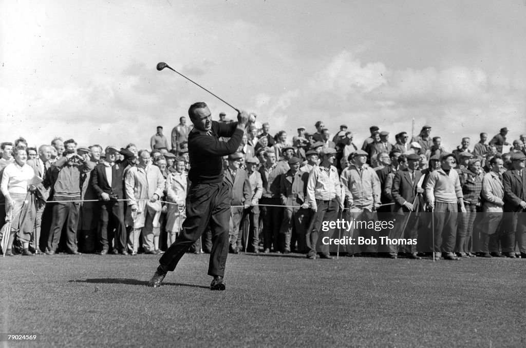 Golf. British Open Golf Championships. June 1961. Royal Birkdale, Southport. USA+s legendary golfer Arnold Palmer is pictured after having played a long approach with a wood. Palmer went on to win the tournament with a four round aggregate total of 284 sh