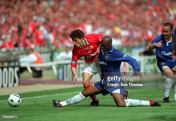 Football, 1997 FA Cup Final, Wembley, 17th May Chelsea 2 v Middlesbrough 0, Middlesbrough's Juninho is challenged for the ball by a sliding challenge...