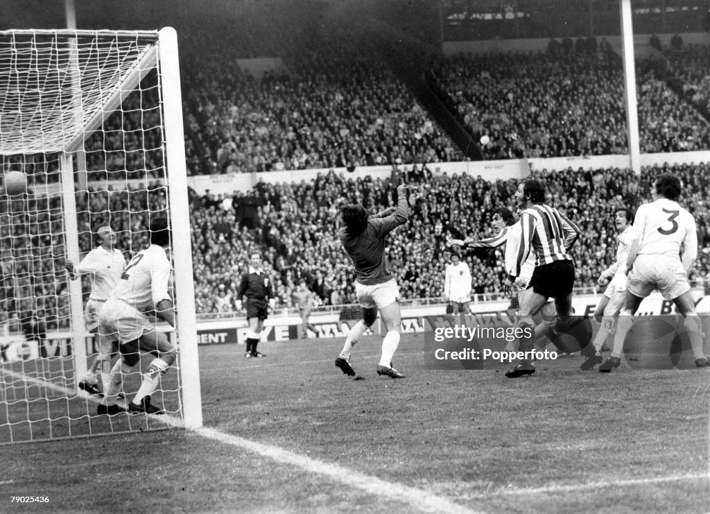 Sport. Football. FA Cup Final. Wembley, London, England. 5th May 1973. Sunderland 1 v Leeds United 0. The Leeds goalkeeper David Harvey and his defence are beaten by Sunderland's Ian Porterfield as he scores the winning goal to provide a shock result.