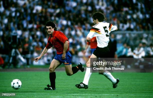 Sport, Football, European Championships, Munich, Germany, 17th June 1988, West Germany 2 v Spain 0, Spain+s Jose Maria Bakero is challenged by West...
