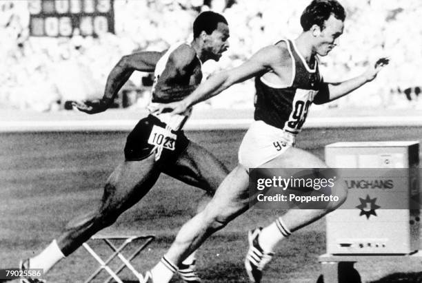 Eventual gold medallist Valeriy Borzov of the Soviet Union leads Robert Taylor of the United States to win quarterfinal 3 of the Men's 100 metres...