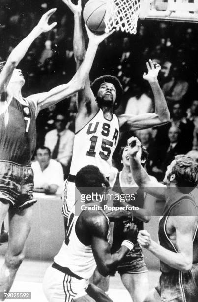 Action between the Soviet Union and United States teams in the final of the Basketball event at the 1972 Summer Olympics inside the...