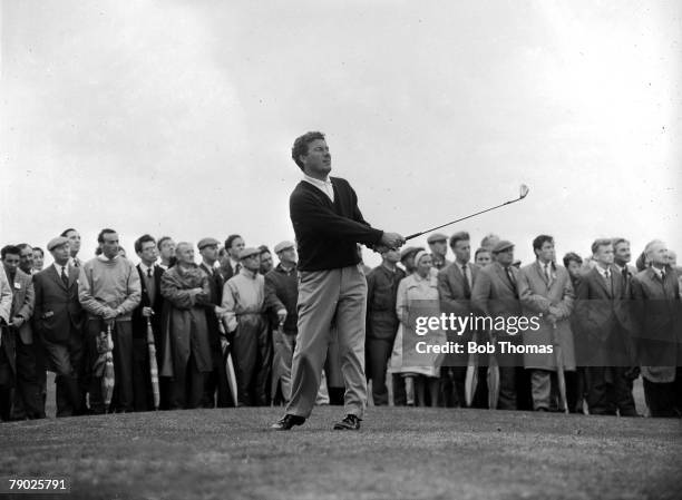 Dunlop Masters Championships, September 1961, Royal Porthcawl, Wales, Legendary Australian golfer Peter Thomson is pictured hitting an iron from the...