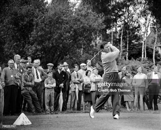 Ballantine Tournament, August 1960, Wentworth, Surrey, Legendary Australian golfer Peter Thomson is pictured hitting a drive with a wood from the...