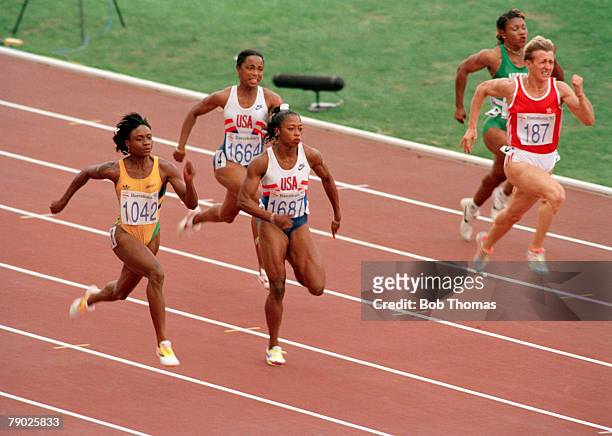 American track and field athlete Gail Devers pictured in action third from left competing in the semi final of the Women's 100 metres event, before...