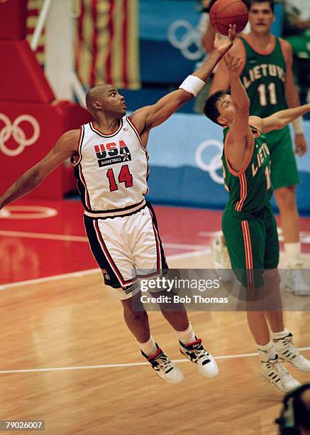American basketball player Charles Barkley pictured in action for the United States basketball team in their semi final game against Lithuania at the...