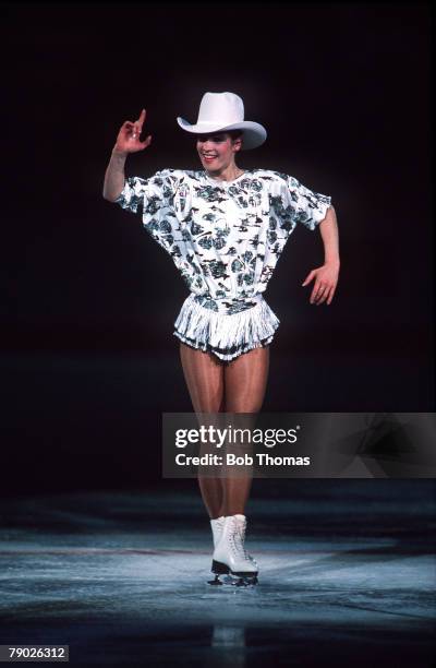 Sport, Winter Olympics, Calgary, Canada, 28th February 1988, Women's Figure Skating, GDR's Katarina Witt is pictured on her way to winning the Gold...