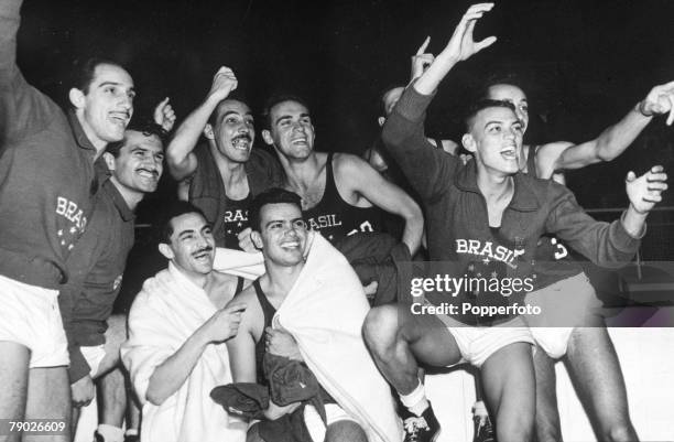 Olympic Games, London, England, Basketball, Brazil 47 v Italy 31, Brazil in victory celebrations after they defeated Italy to take the bronze medal