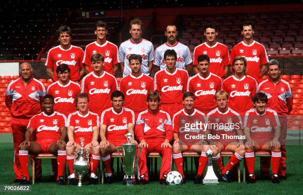 Sport, Football, Liverpool FC Team-Group 1988-89 Season, The Liverpool team pose together for a group photograph with the two League Championship...