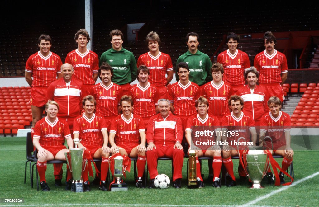 Sport. Football. Liverpool FC Team-Group 1984-85 Season. The Liverpool team pose together for a group photograph with the Manager of the Year, Milk Cup, League Championship, and European Cup trophies. Back Row L-R: Michael Robinson, Gary Gillespie, Bob Bo