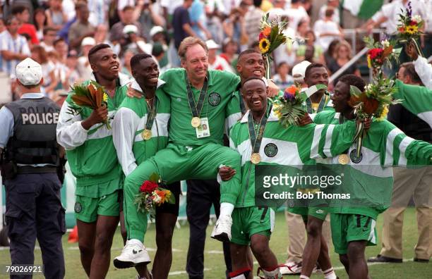 Olympic Games, Atlanta, USA, Football Final, Nigeria 3 v Argentina 2, Nigerian coach Johannes Bonfrere is chaired by his team as they celebrate their...