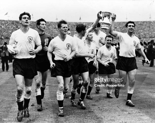 Football, FA Cup Final, Tottenham Hotspur 2 v Leicester City 0, 6th May 1961, Wembley Stadium, London, The Tottenham players parade the FA Cup after...
