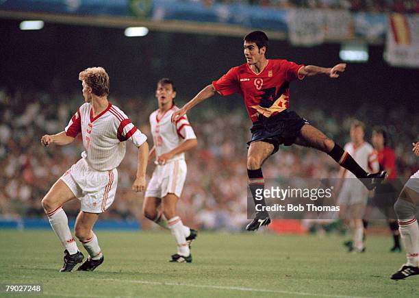 Josep Guardiola of Spain shoots for goal during the final of the football competition at the 1992 Summer Olympics at the Camp Nou in Barcelona, Spain...