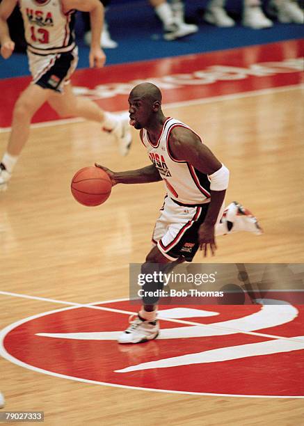 American basketball player Michael Jordan pictured in action for the United States basketball team in their semi final game against Lithuania at the...