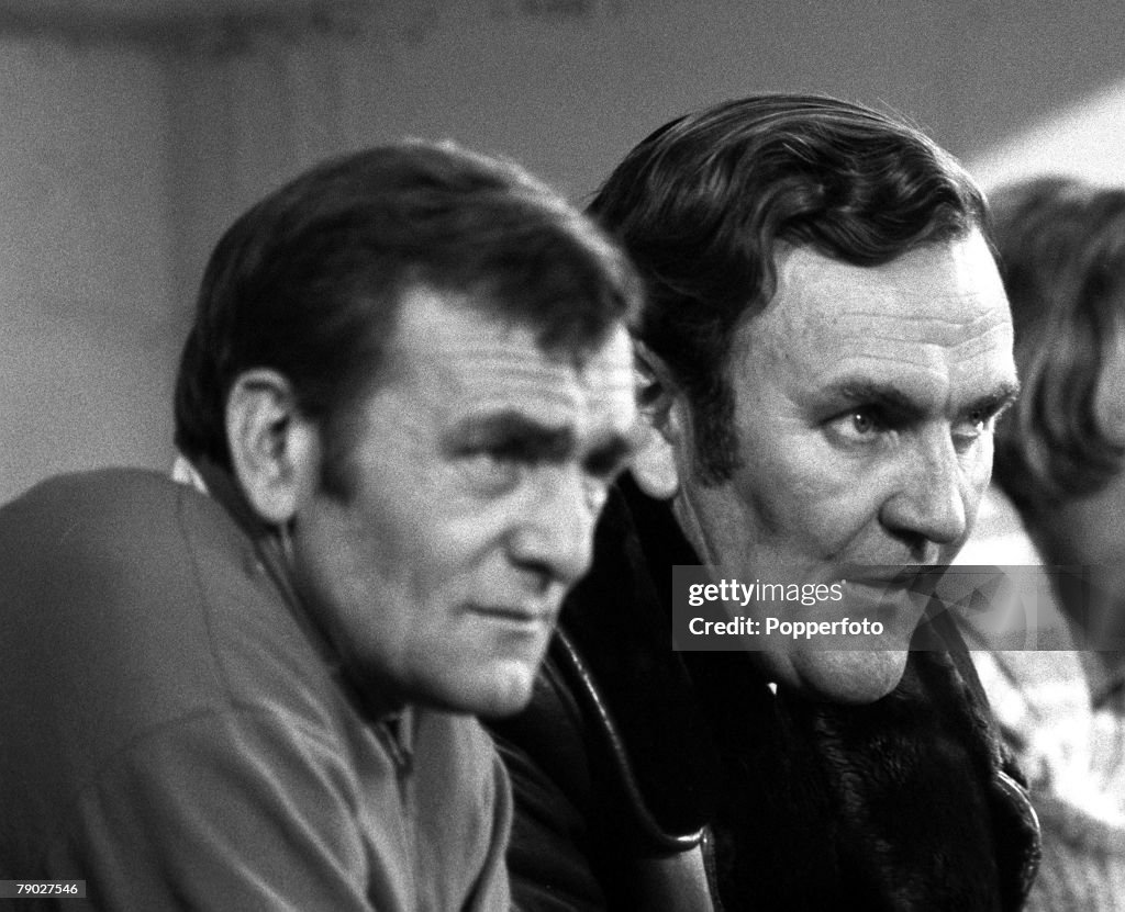 Sport. Football. League Division One. Selhurst Park, London, England. 18th November 1972. Crystal Palace 2 v Leeds United 2. Leeds United Manager Don Revie (right) sits on the bench with Trainer Les Cocker.