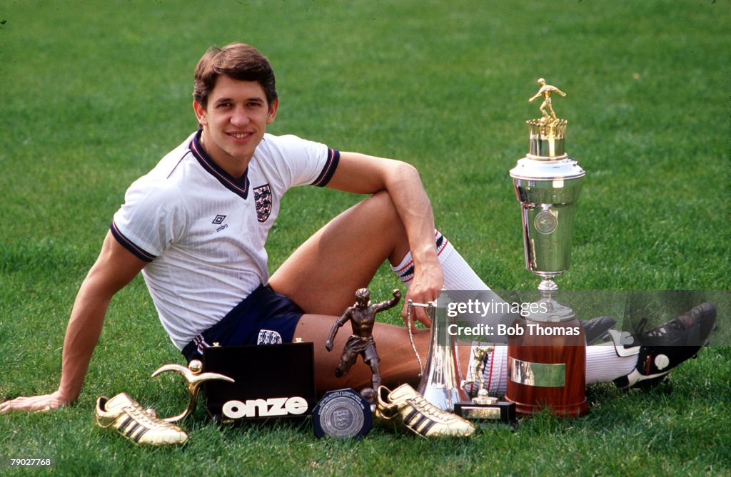 Sport. Football. Barcelona, Spain. 19th March 1987. England striker Gary Lineker is pictured with some of the awards that he received during 1986, including 2 Golden Boots for leading scorer in the English 1st Division, and in the 1986 World Cup.