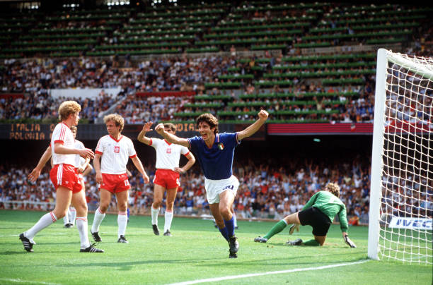 Sport, Football, World Cup Finals, Barcelona, Spain, 8th July 1982, Semi-Final, Italy 2 v Poland 0, Italy's Paulo Rossi celebrates after scoring the...