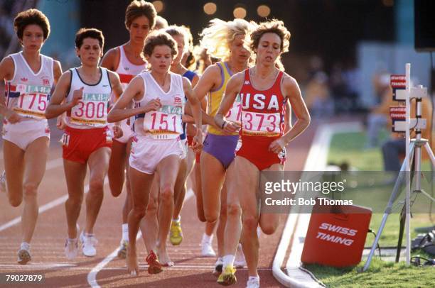 Athletes, from left, Wendy Sly of Great Britain, Aurora Cunha of Portugal, Zola Budd competing for Great Britain and Mary Decker of the USA , compete...