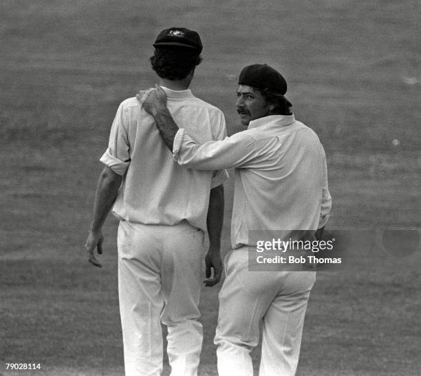 Cricket County Ground, Northampton, Northamptonshire v Australia, Australian wicket keeper Rod Marsh and bowler Greg Chappell wearing their caps back...