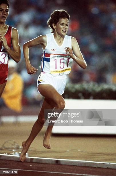 South African born athlete Zola Budd competes for Great Britain as she runs barefoot in the women's 3000 metres event at the 1984 Summer Olympics in...