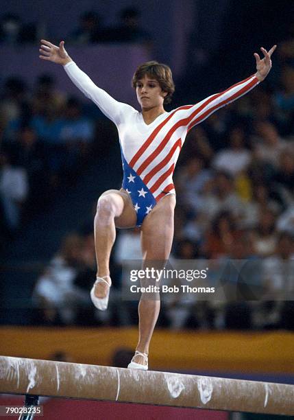 American gymnast Mary Lou Retton competes on the balance beam during competition in the Women's artistic individual all-around event at the 1984...