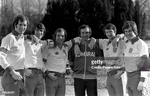 Sport, Football, England Team Training, 8th February 1977, Manchester City's England contingent, L-R: Joe Corrigan, Dave Watson, Dennis Tueart, Bill...