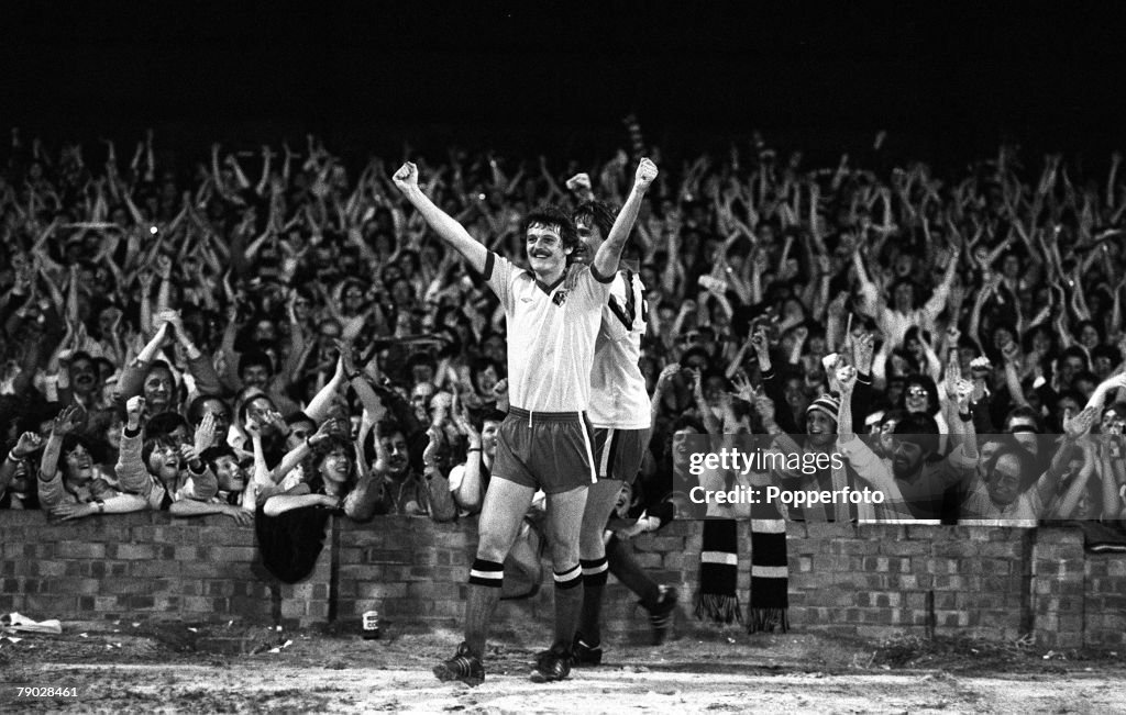 Sport. Football. League Division Three. Vicarage Road, England. 15th May 1979. Watford 4 v Hull City 0. Watford Promoted to Division Two. Watford's Ian Bolton celebrates after scoring a goal from the penalty spot, with team mate Ross Jenkins (partially hi