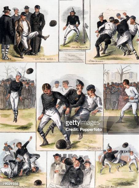 Sport, Football, November 1872, Scotland 0 v England 0, A hand-coloured engraving depicting incidents from the historic first match between Scotland...