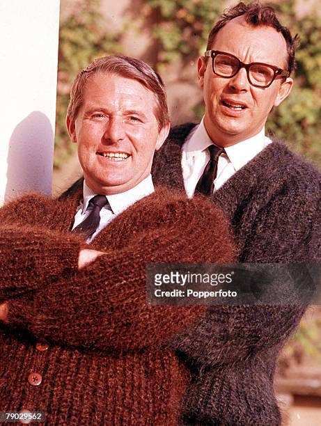 Portrait of the legendary British comedy duo Morecombe and Wise both smiling at the camera