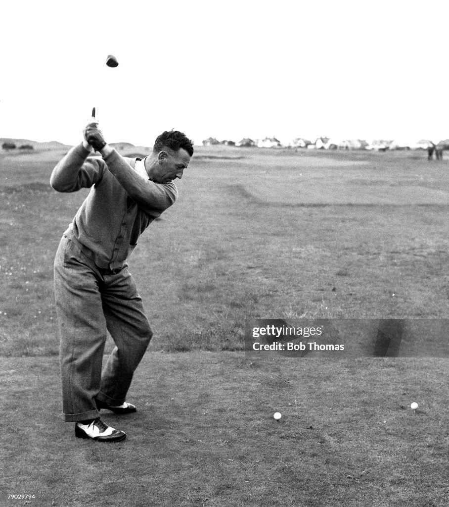 Golf. 1951 Hoylake. A picture of Alf Padgham of Great Britain playing a tee shot using a driver.