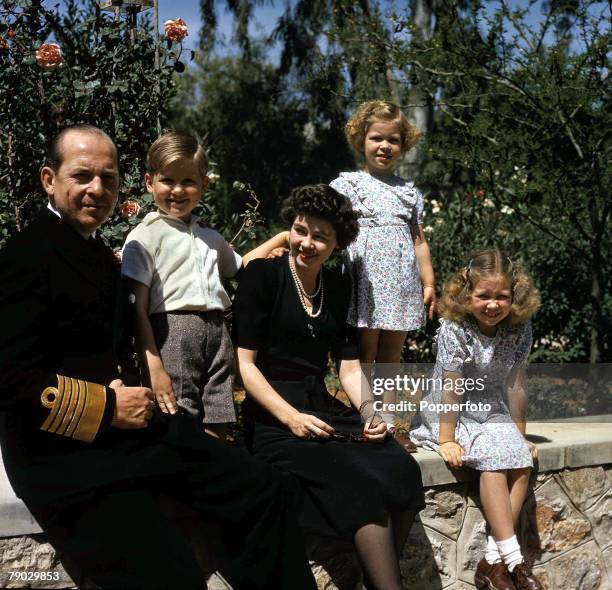 Royalty, King Paul and Queen Frederika of Greece with their three children, Crown Prince Constantine aged 6, Princess Sophia aged 8 and Princess...