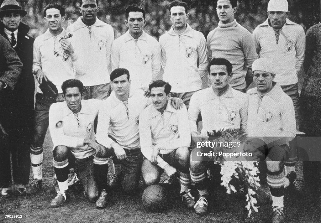 1930 World Cup Finals. Uruguay. Yugoslavia 2 v Brazil 1. The Brazil team (the first to compete in the World Cup) line up before their first World Cup game.