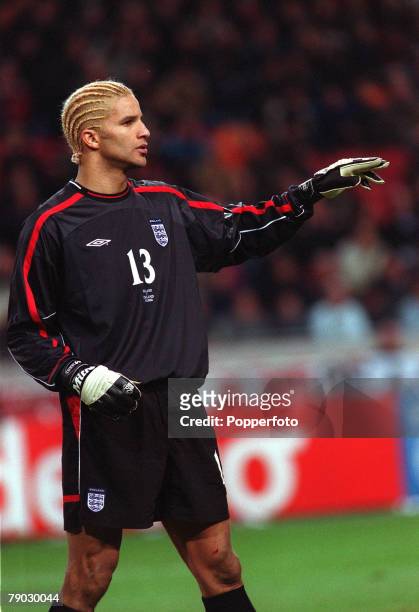 Sport, Football, International Friendly Match, Amsterdam Arena, 13th February 2002, Holland 1 v England 1, England goalkeeper David James sporting an...