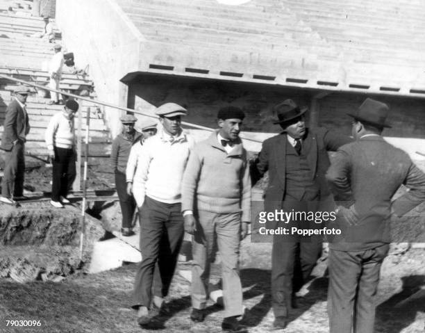 Pre-World Cup Finals 1930, Montevideo, Uruguay, Uruguay v Argentina , The Uruguayan team are given a tour of the Centenary Stadium being renovated in...