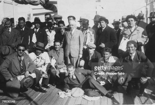 World Cup Finals Uruguay, Montevideo, FIFA President Jules Rimet with Yugoslavian team members on board a ship in Montevideo