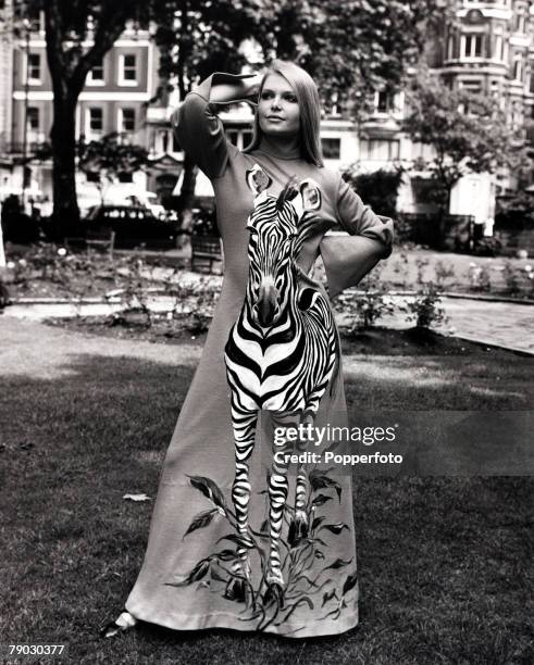 Fashion/Beauty, London, England, 15th June 1971, Eva Rueber-Staier the former "Miss World" models a zebra dress as part of a wild life collection...