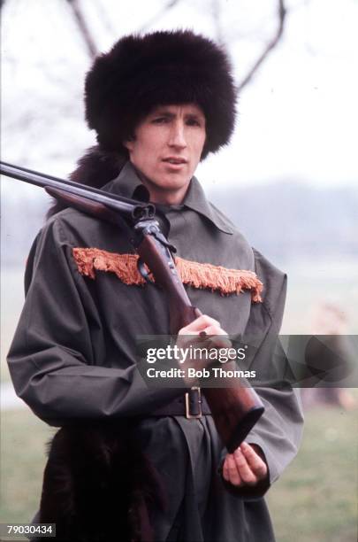 Sport, Football Feature, 22nd April 1977, Liverpool's Joey Jones is pictured in fancy dress as American frontiersman Davy Crockett complete with...