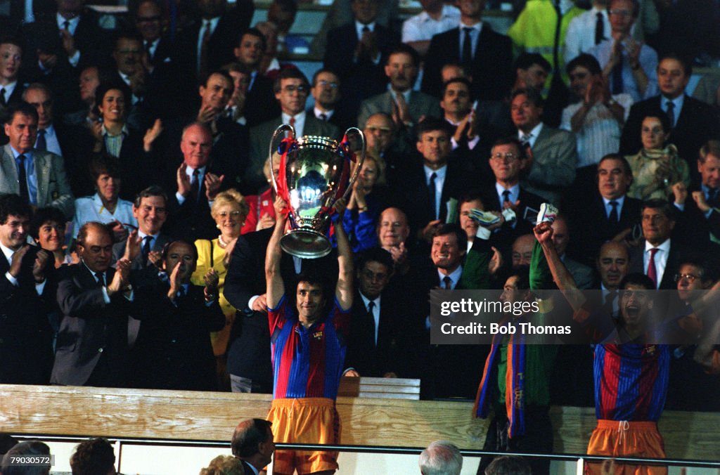 Sport. Football. European Cup Final. Wembley, London, England. 20th May 1992. Barcelona 1 v Sampdoria 0 (after extra time). Barcelona's Jose Alesanco holds the trophy aloft at the presentation.
