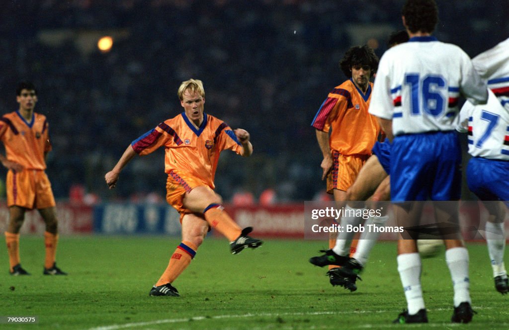 Sport. Football. European Cup Final. Wembley, London, England. 20th May 1992. Barcelona 1 v Sampdoria 0 (after extra time). Barcelona's Ronald Koeman scores the winning goal direct from a free-kick.