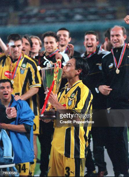 Football, 1999 UEFA Cup Winners Cup Final, Birmingham, 19th May Lazio 2 v Mallorca 1, Lazio's captain Alessandro Nesta kisses the trophy