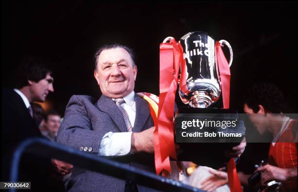 Sport, Football, Milk Cup Final, Wembley, London, England, 26th March 1983, Liverpool 2 v Manchester United 1, Liverpool Manager Bob Paisley is...