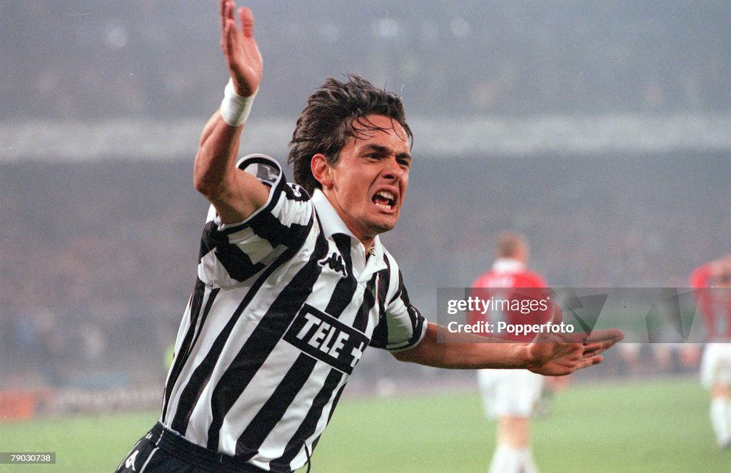 Football. 1999 UEFA Champions League Semi-Final, Second leg. 21st April, 1999. Turin. Juventus 2 v Manchester United 3. Juventus' Filippo Inzaghi celebrates after scoring the second of his two early goals.