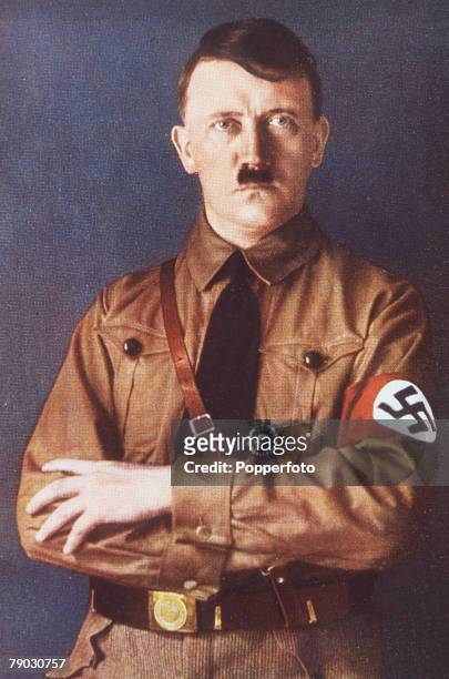 Hand-coloured photographic portrait of Nazi Leader Adolf Hitler in the uniform of the Sturmabteilung , the paramilitary wing of the Nazi Party, also...